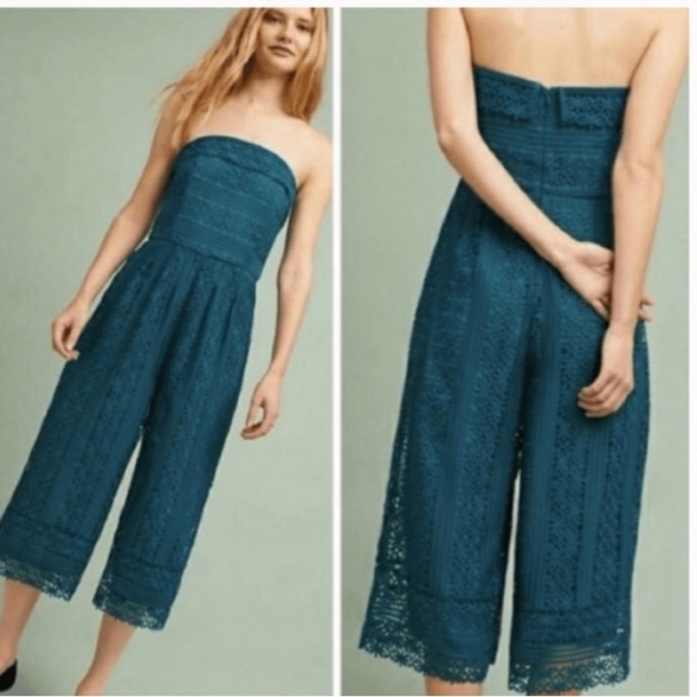 Anthropologie Teal Strapless Lace Jumpsuit